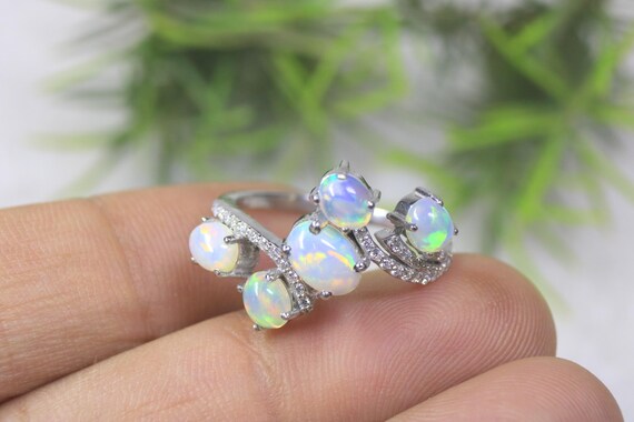 Leaf Opal Ring Silver, Unique Botanical Bypass Band, Dainty Branch Bridal Jewelry For Her