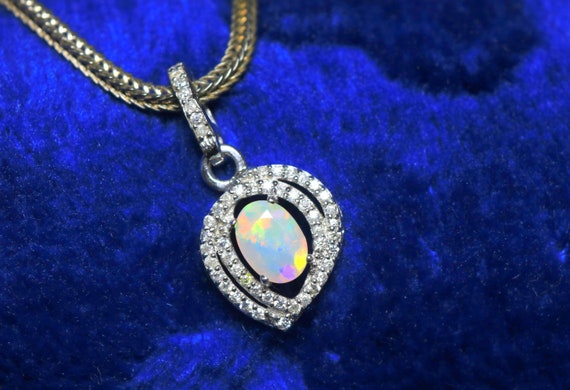 White Fire Opal Pendant Necklace: Sterling Silver, Moissanite Accents