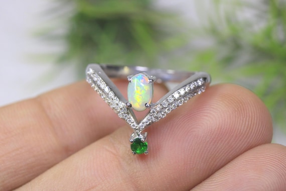 Dainty Ethiopian Opal Chevron Ring, Unique Silver Wishbone Band, Curved Stacking Bridal Jewelry Gift