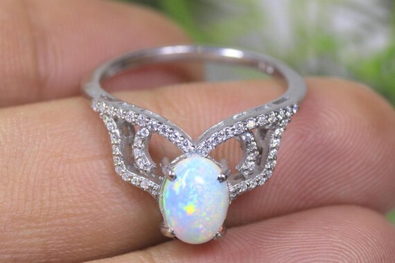 Angel Wing Opal Engagement Ring, Sterling Silver Art Deco Bridal Ring, Gift for Her
