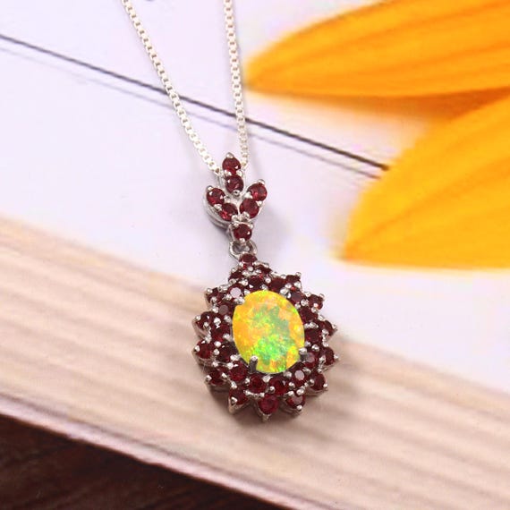 Fire Yellow Opal Gemstone Pendant Necklace, Fire Opal Oval, Opal Gemstone Pendant, Ethiopian Opal Silver Pendant Jewelry, October Birthstone