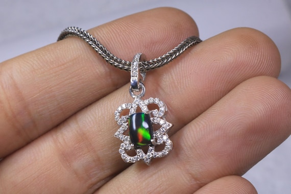 Cushion Black Opal Silver Pendant, Moissanite Accents Art Deco Style Jewelry Gift for Her