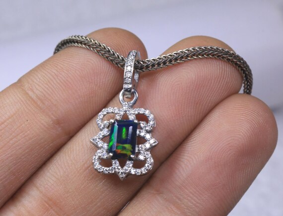 Faceted Baguette Ethiopian Black Opal Silver Pendant, Moissanite Accents Art Deco Style Jewelry Gift