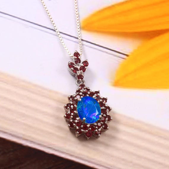 Natural Blue fire Ethiopian opal pendant necklace, October birthstone, AAA Ethiopian opal pendant, Vintage fire opal pendant necklace