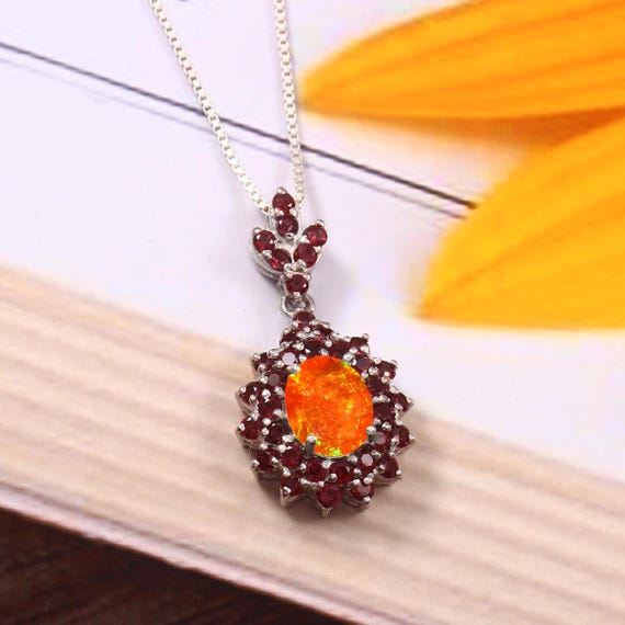 Diana Halo Oval Mexican Fire Opal Necklace• 6x8 mm Orange Opal Faceted Pendant• October Birthstone Pendant• Modern Opal Statement Necklace