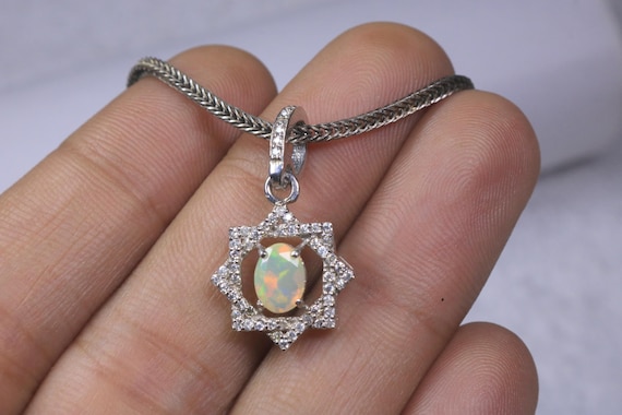 Art Deco Style White Opal Star Pendant, Moissanite Anniversary Jewelry Gift For Women