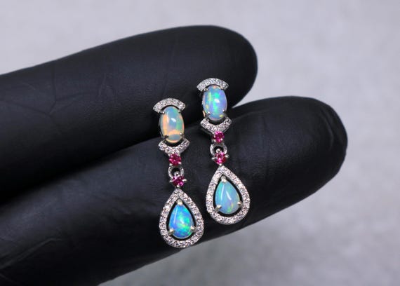 Natural Ethiopian Opal Dangle Earrings with Pink Stone Accents, October Birthstone Gift for Her
