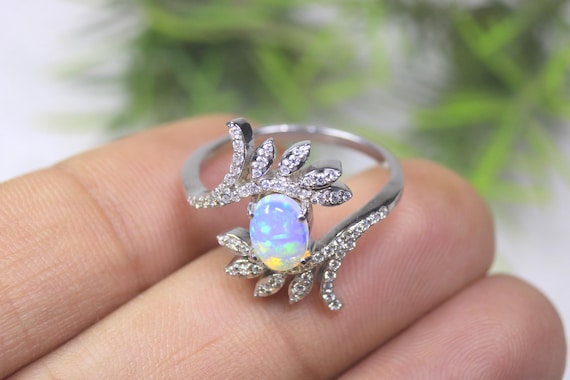 Leaf Ethiopian Opal Vine Anniversary Ring, Unique Botanical Bypass Band, Dainty Branch Bridal Jewelry,