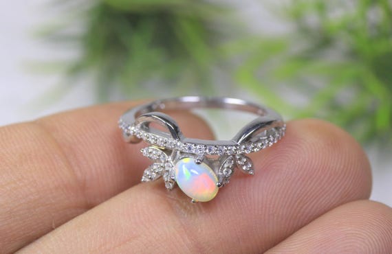 Botanical Leaf Ethiopian Opal Ring, Sterling Silver Branch Engagement Jewelry, Vintage Twig Promise Band