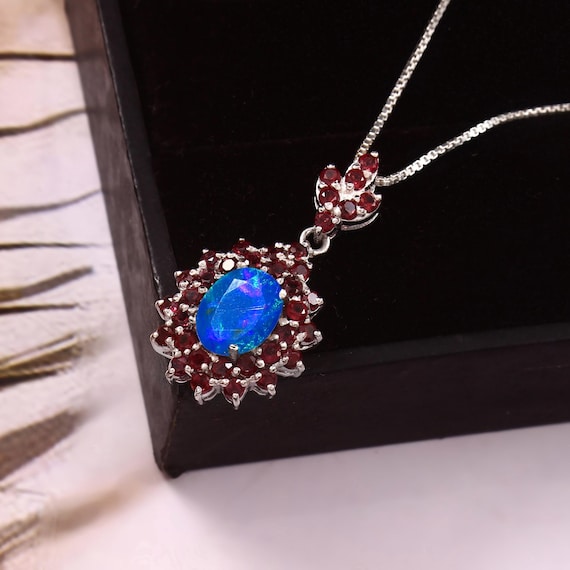 Natural Blue fire Ethiopian opal pendant necklace, October birthstone, AAA Ethiopian opal pendant, Vintage fire opal pendant necklace