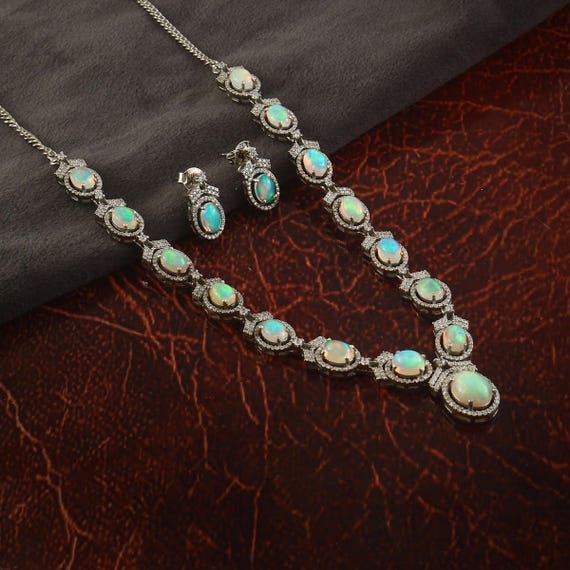 Oval Halo Opal Jewelry Set, Sterling Silver Ethiopian Tennis Necklace and Earrings, Anniversary Gift