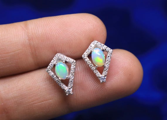 Natural Fire Ethiopian Opal Art Deco Earrings, Moissanite Sterling Silver Jewelry Gift For Her