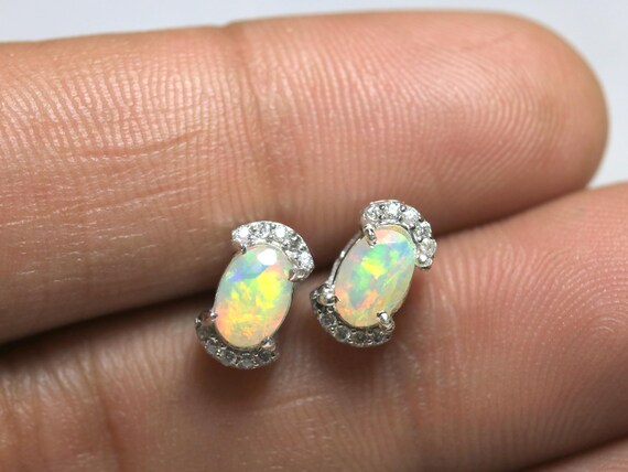 Oval Ethiopian Opal Stud Earrings, Moissanite, Sterling Silver