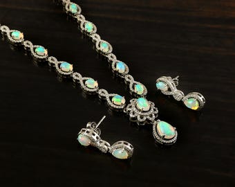 Ethiopian Opal Infinity Necklace, Teardrop Opal Dangle Earrings, Jewelry Set Gift for Her