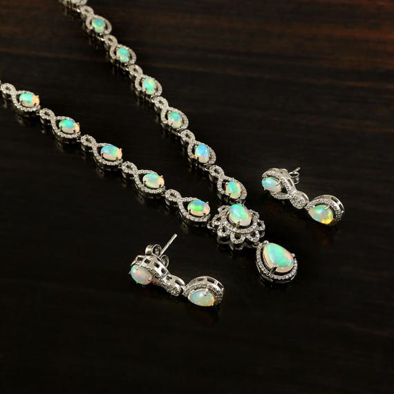 Ethiopian Opal Infinity Necklace, Teardrop Opal Dangle Earrings, Jewelry Set Gift for Her