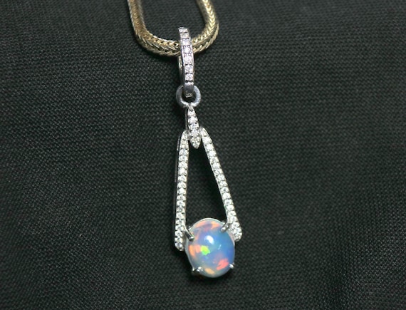 Natural Ethiopian Fire Opal Pendant Necklace, 925 Sterling Silver, Oval Cabochon, Moissanite Accents