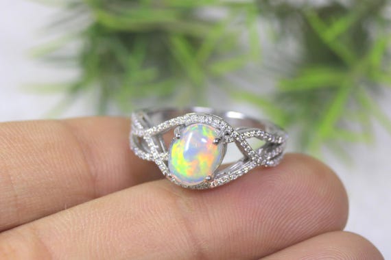 Handcrafted Ethiopian Opal Ring, Sterling Silver Infinity Twist Band, Pave Moissanite Bridal Jewelry