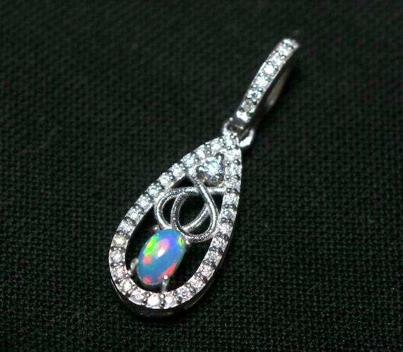 Ethiopian Opal Necklace: Sterling Silver Pendant, Moissanite Accents