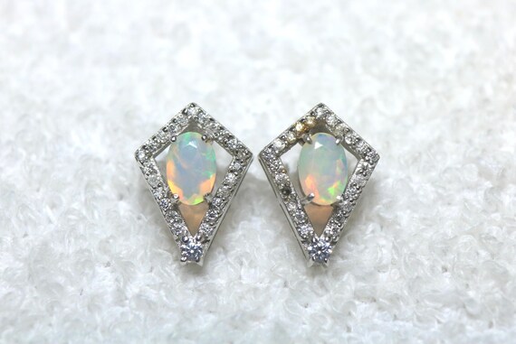 Oval Cut White Opal Moissanite Sterling Silver Stud Earrings – Dainty Prong Setting