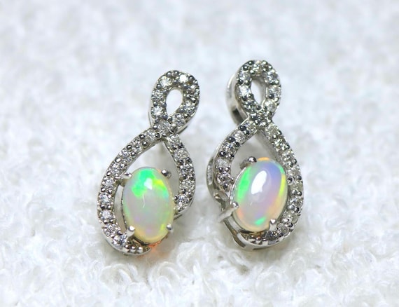 925 Sterling Silver Ethiopian Fire Opal Earrings with Moissanite – Oval Cabochon Jewelry