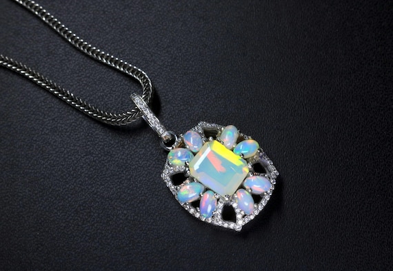 Faceted Opal Pendant, White Opal Halo Charm, Antique Art Deco Style October Birthstone Present