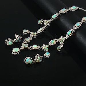 Natural Ethiopian Opal Jewelry Set, Silver Opal Statement Necklace and Earrings, Wedding Gift Her