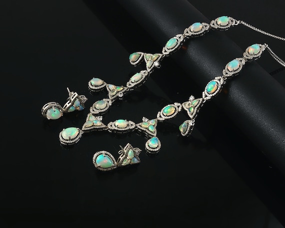 Natural Ethiopian Opal Jewelry Set, Silver Opal Statement Necklace and Earrings, Wedding Gift Her
