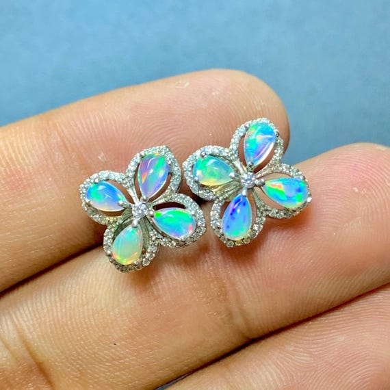 Opal Silver Floral Earrings, White Opal Flower Studs, Nature Inspired Jewelry, Delicate Everyday Earring