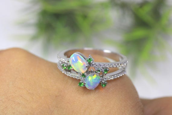 Toi Et Moi Opal Ring Silver, Two Stone Cluster Band, Dainty Multi Gemstone Jewelry