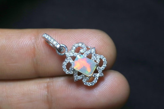 Baguette Ethiopian Opal Pendant Necklace: Sterling Silver, Moissanite Accents