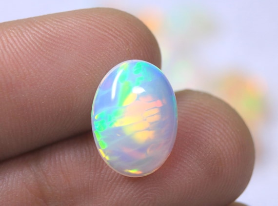 Honeycomb Oval Opal Loose Cabochon: 3.35 CT Multi Fire Ethiopian Opal Gemstone For Jewelry