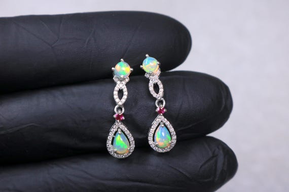 Ethiopian Opal Pear Drop Dangle Earrings, Art Deco Halo Bridal Jewelry, Gift For Her