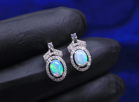AAA++ Ethiopian Welo Opal With Moissanite Hole Silver Stud Earring, Anniversary Jewelry Gift Her