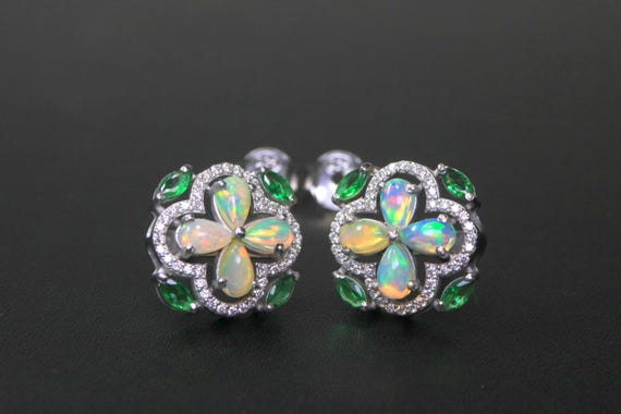 Opal Quatrefoil Stud Earrings, Sterling Silver Flower Cross Earrings, Green Marquise Accent Halo Studs