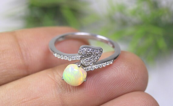 Botanical Leaf Opal Ring, Silver Engagement Jewelry, Dainty Plant Branch Promise Band, October Birthstone