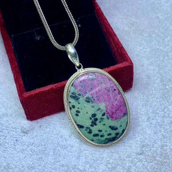 Vintage Ruby Zoisite Gemstone Pendent Pendant, 925 Sterling Silver, Designer Handmade Wedding Jewelry Gift