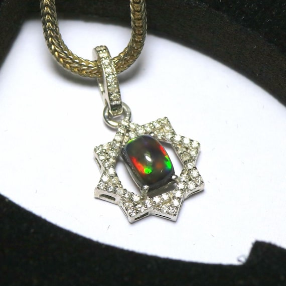Black Fire Ethiopian Opal Pendant Necklace: Sterling Silver Cushion