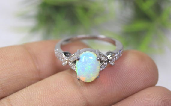 Handcrafted Ethiopian Opal Ring, Sterling Silver, Moissanite Accents, Art Deco Bridal Band