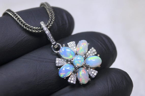 White Opal Snowflake Pendant, Sterling Silver Starburst Pendant, October Birthstone Jewelry, Gift For Her