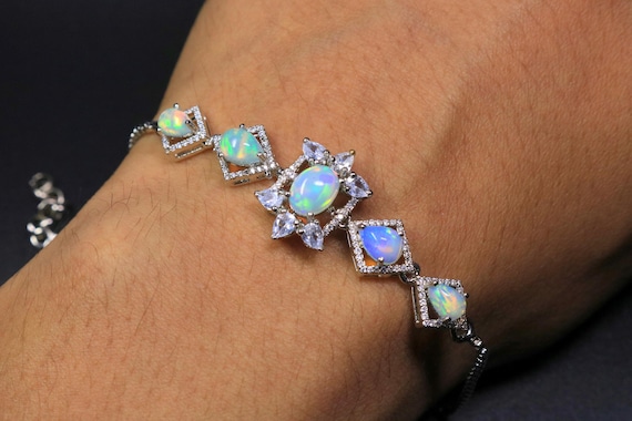 Pear Cut Ethiopian Opal Bracelet,  Bolo Halo Bracelet, October Birthstone Gift, Adjustable Gemstone Jewelry