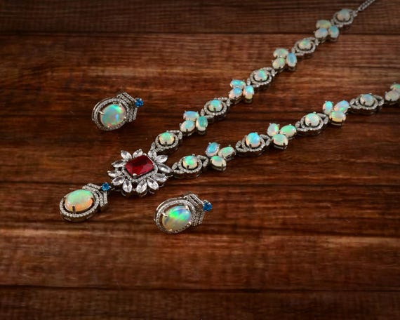 Ethiopian Opal Pink Stone Silver Jewelry Set, Natural Fire Opal Drop Necklace and Earrings