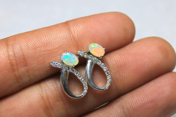 White Opal Stud Earrings, Moissanite Gemstone, 925 Sterling Silver