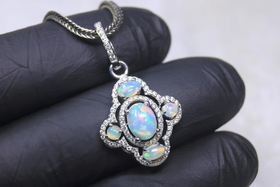 Vintage Style Opal Quatrefoil Pendant, Ethiopian Fire Opal Sterling Silver Halo Jewelry, October Birthstone