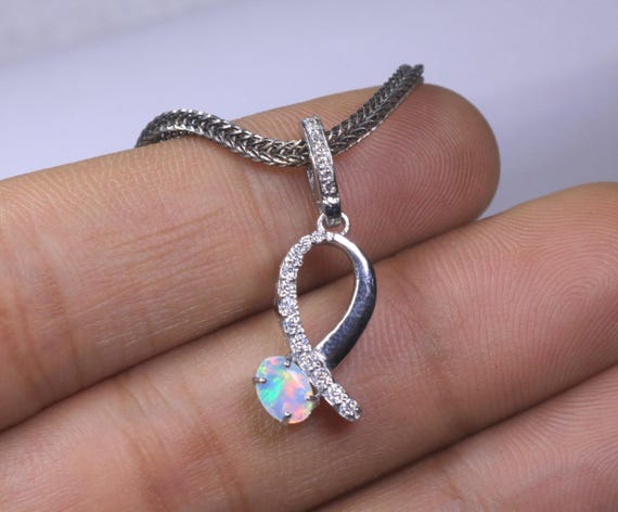 Faceted Ethiopian Opal Sterling Silver Pendant, Moissanite Accents Wedding Jewelry Gift for Her