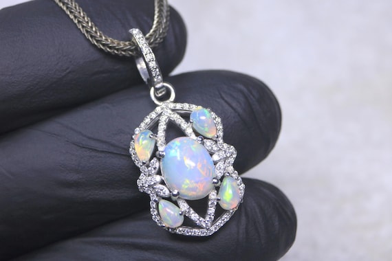 Art Deco Opal Statement Pendant, Sterling Silver Filigree Jewelry, October Birthstone Gift Her