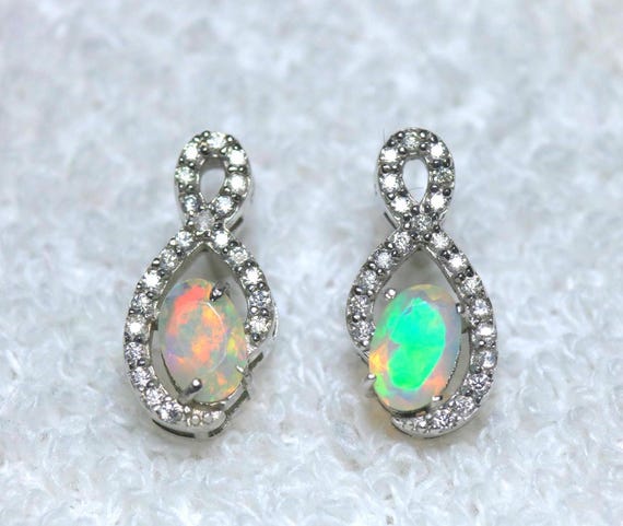 Ethiopian Opal Stud Earrings, Sterling Silver, Moissanite Halo