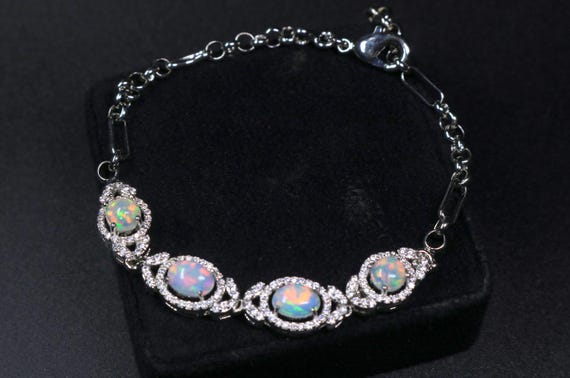 Natural Fire Opal Bracelet, Art Deco Halo Statement Bracelet, October Birthstone Jewelry for Women
