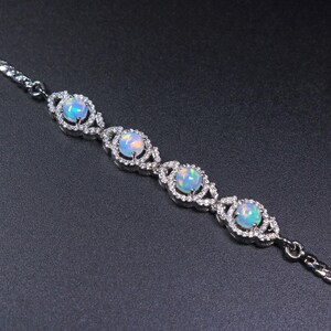 Natural Ethiopian Opal Bracelet, Sterling Silver Round Halo Wristlet, October Birthstone Anniversary Gift