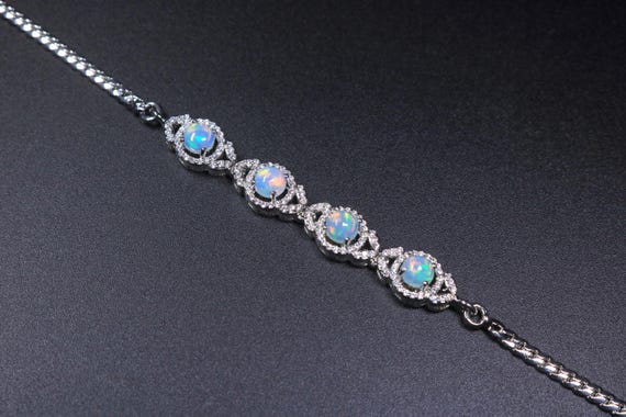 Natural Ethiopian Opal Bracelet, Sterling Silver Round Halo Wristlet, October Birthstone Anniversary Gift