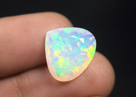 White Ethiopian Opal Faceted Gemstone: 6.05 CT Natural Multi Fire Opal October birthstone